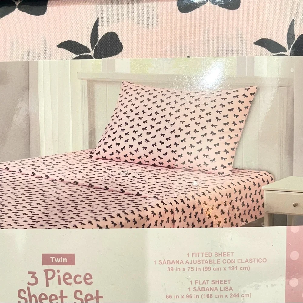 NEW Twin 3 Piece Sheet Set Pink Black Bow‎ Print Soft Wrinkle Resistant